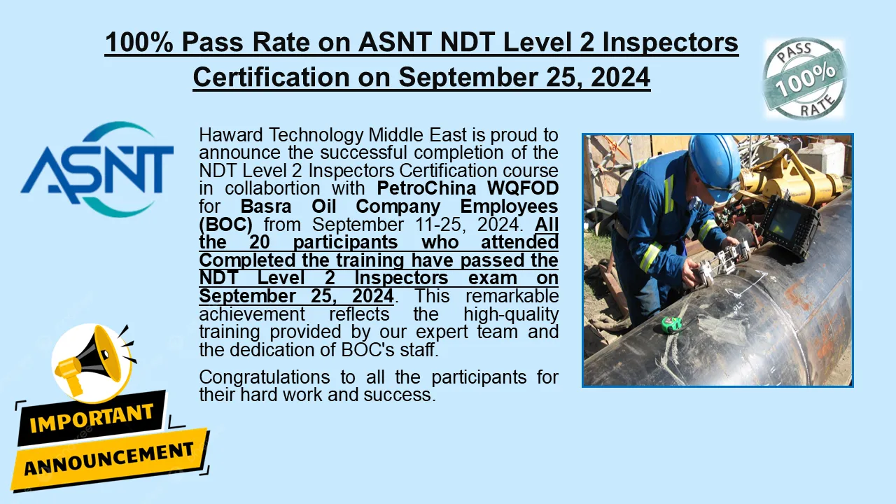 100% pass rate on NDT level 2 inspectors certification